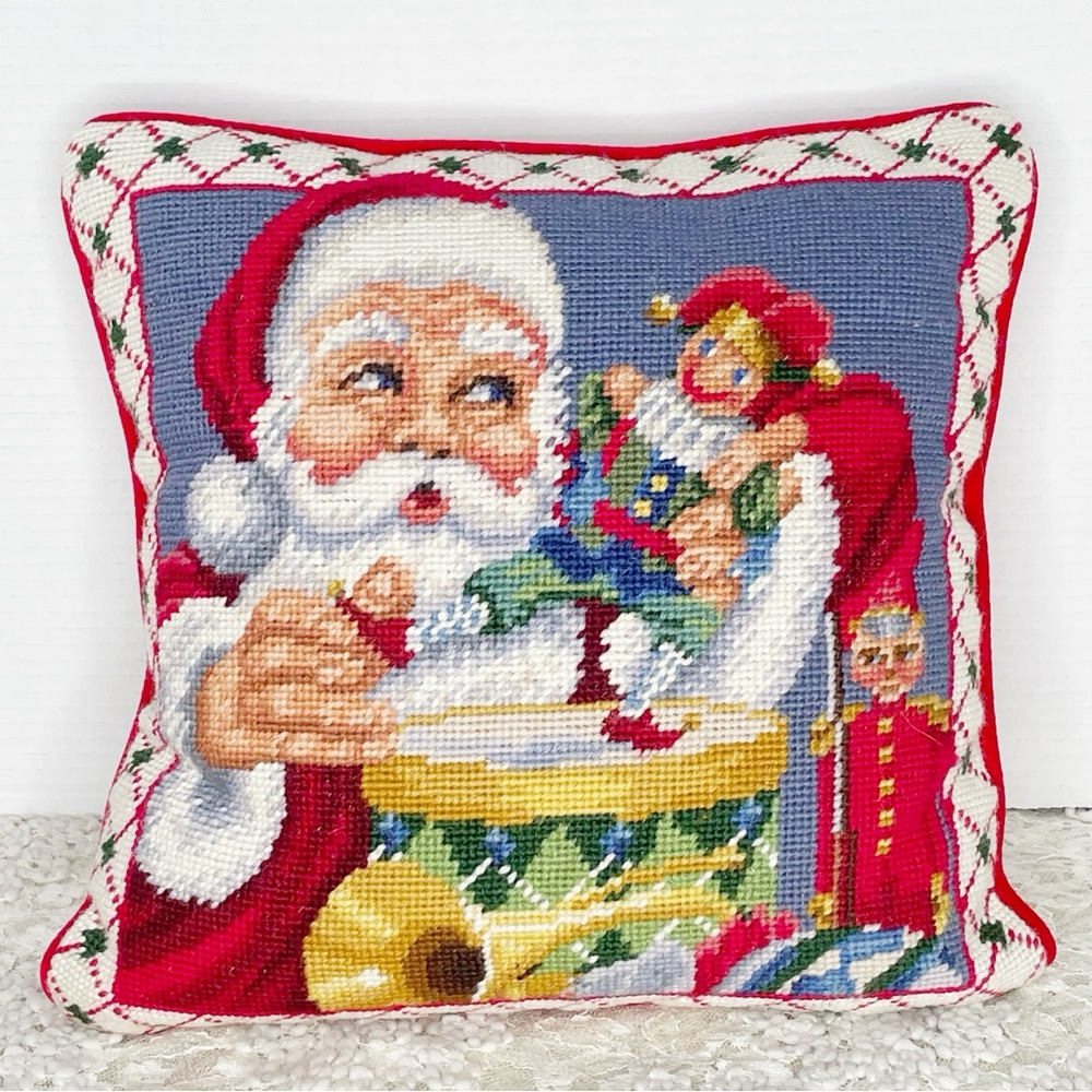Santa’s Workshop Vintage Christmas Needlepoint Throw Pillow Wool Velvet Zipper